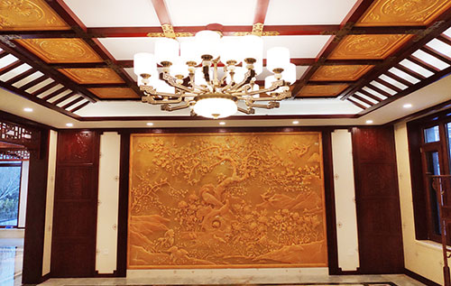 山东中式别墅客厅中式木作横梁吊顶装饰展示
